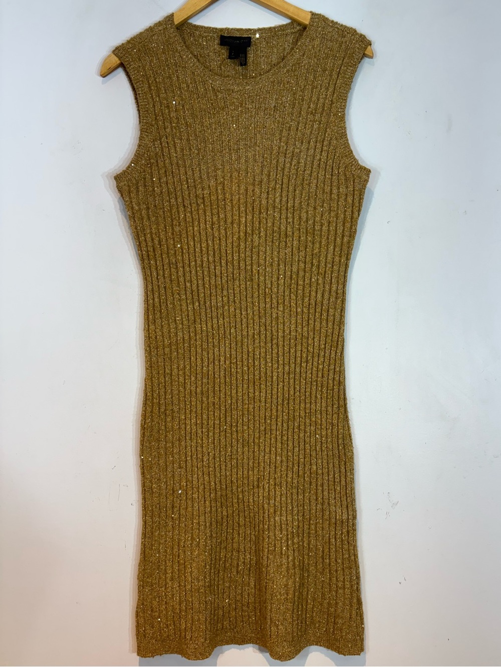 Vintage Donna Karan Gold Metallic Ribbed Knit Sequin Dress – Small